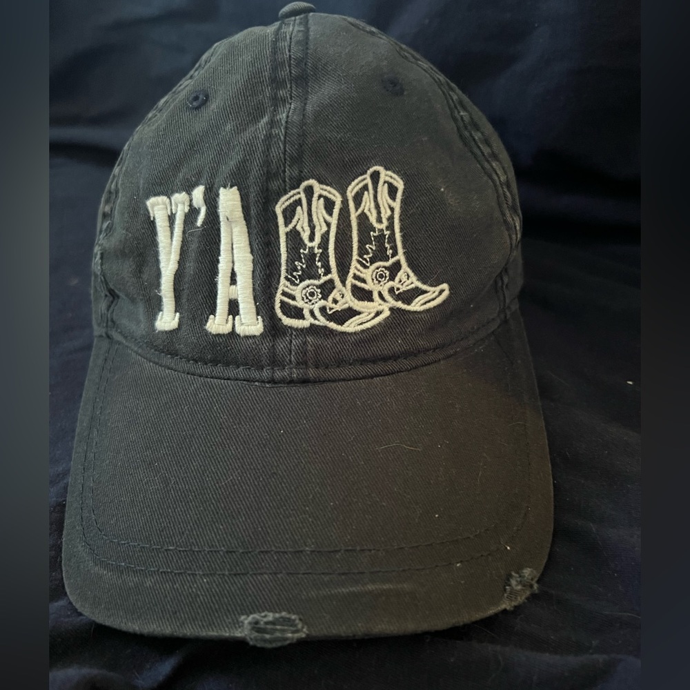Ana & Ava Y’all distressed ball cap hat.  Black.  L’s in Y’all shaped like boots
